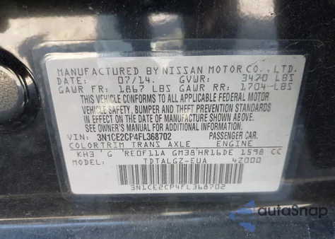 2015 Nissan Versa Note Sr from USA, damaged, VIN 3N1CE2CP4FL368702